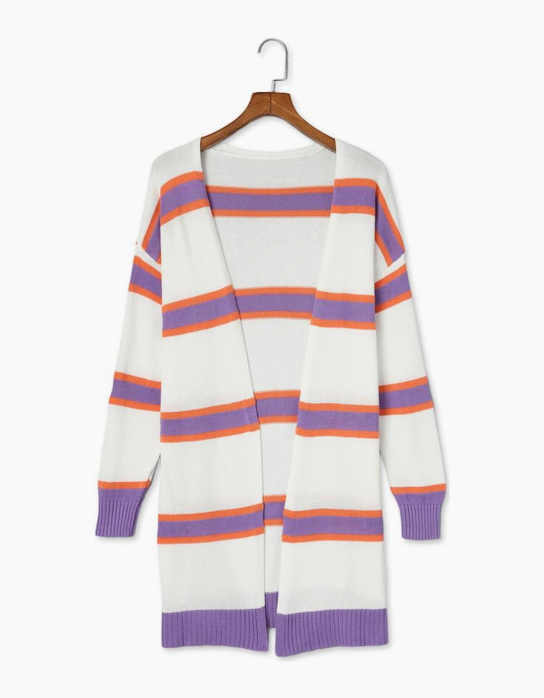 Beige Striped Long Sleeve Ribbed Trim Button Cardigan, 17 of 16