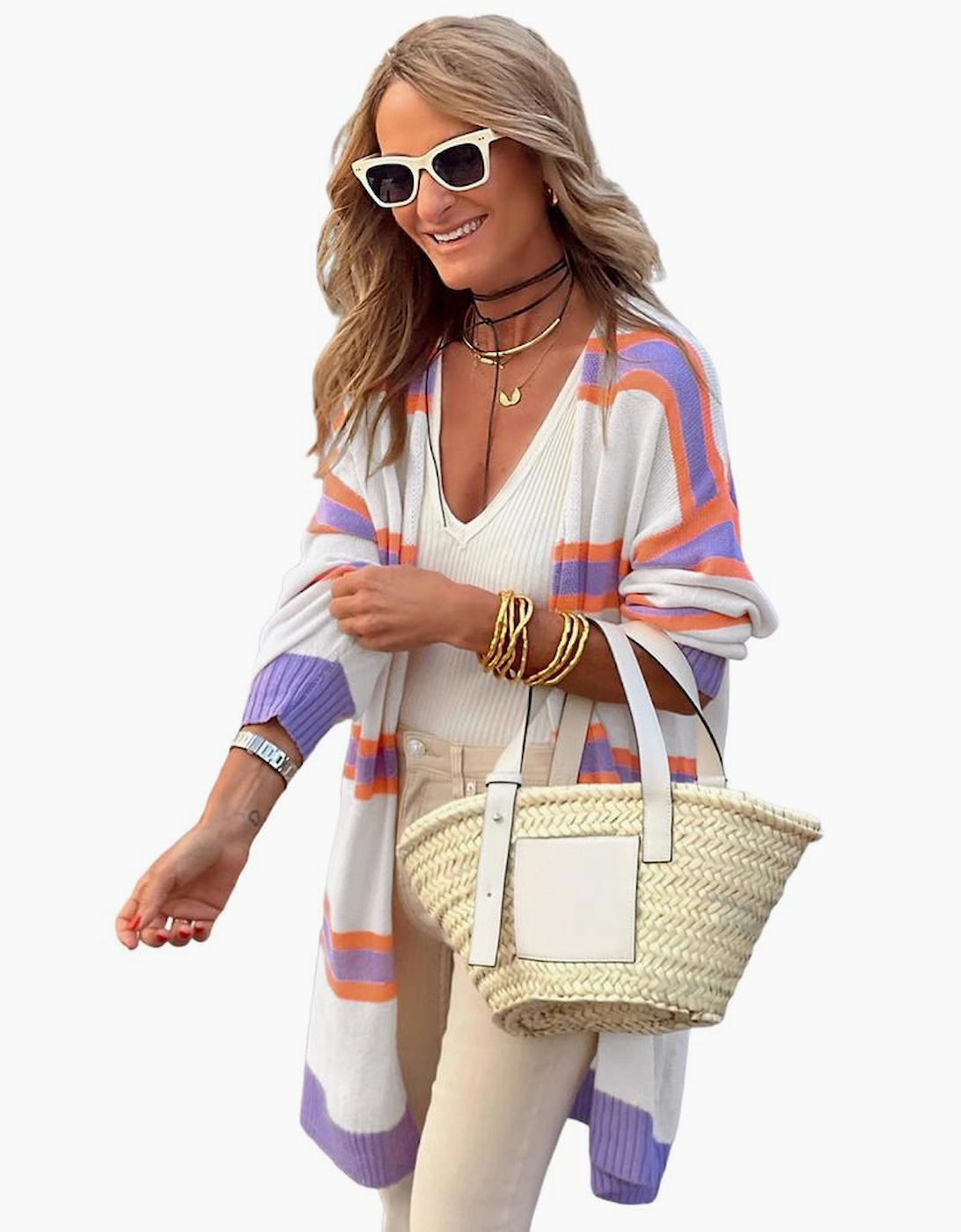 Beige Striped Long Sleeve Ribbed Trim Button Cardigan