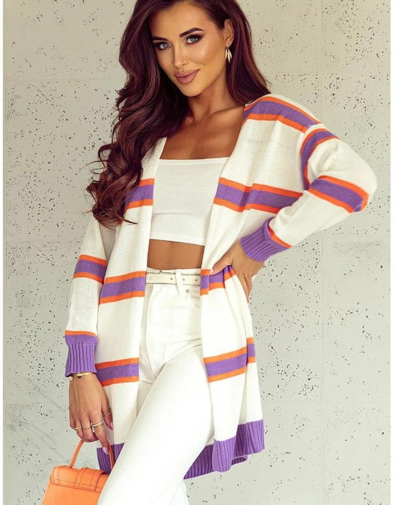 Beige Striped Long Sleeve Ribbed Trim Button Cardigan