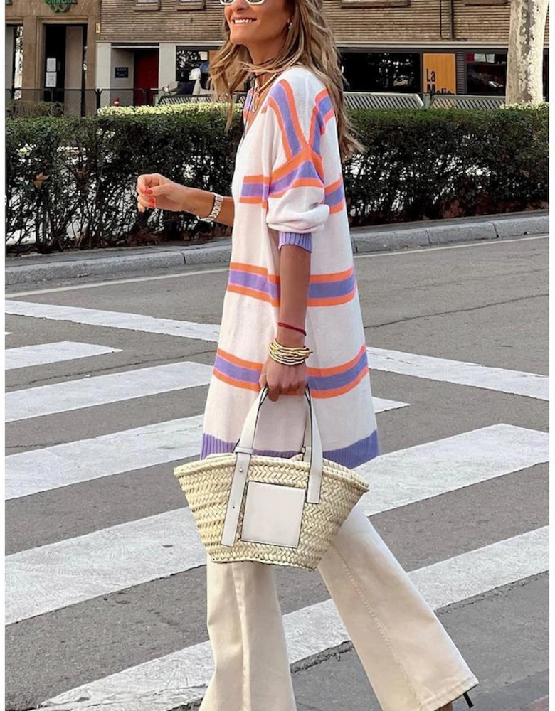 Beige Striped Long Sleeve Ribbed Trim Button Cardigan