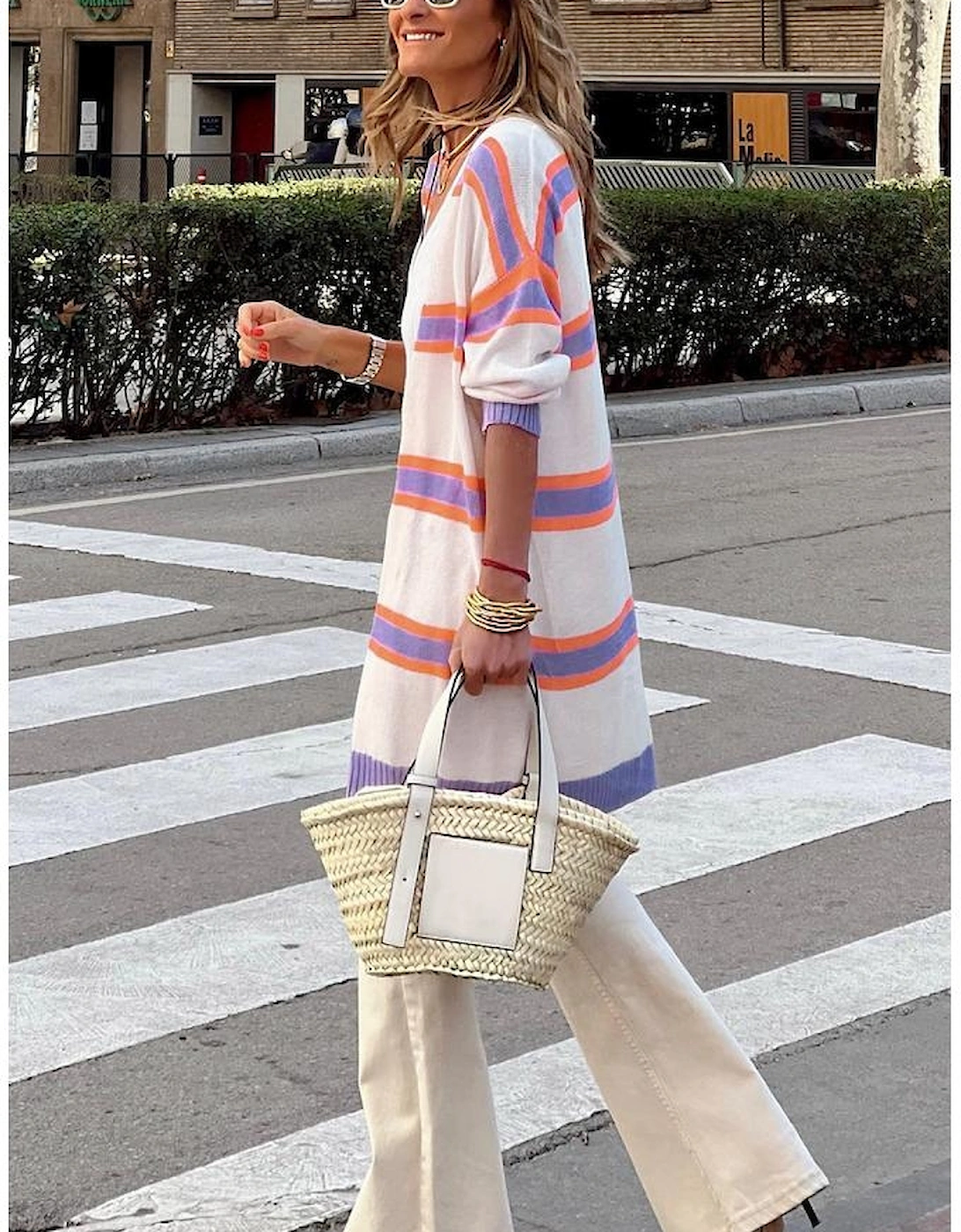 Beige Striped Long Sleeve Ribbed Trim Button Cardigan