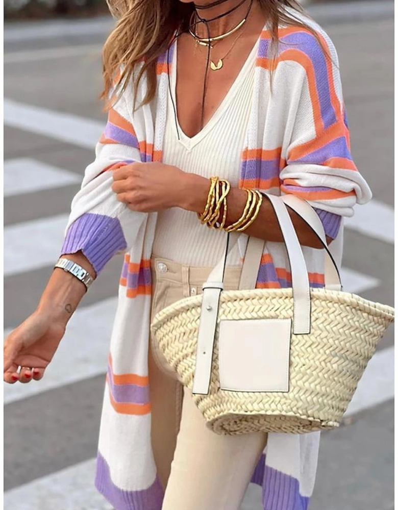 Beige Striped Long Sleeve Ribbed Trim Button Cardigan