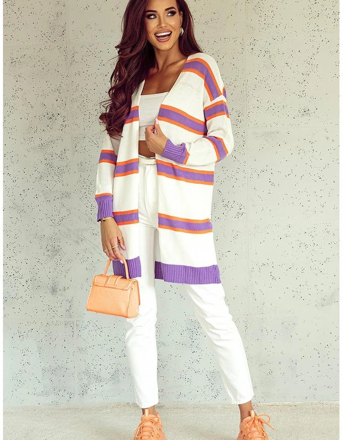 Beige Striped Long Sleeve Ribbed Trim Button Cardigan