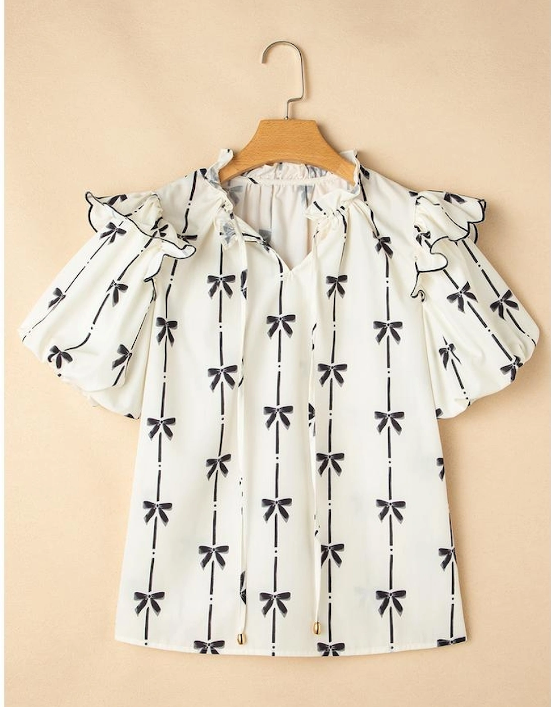 Beige Bow Printed Ruffled Bubble Sleeve Tied Notched V Neck Blouse