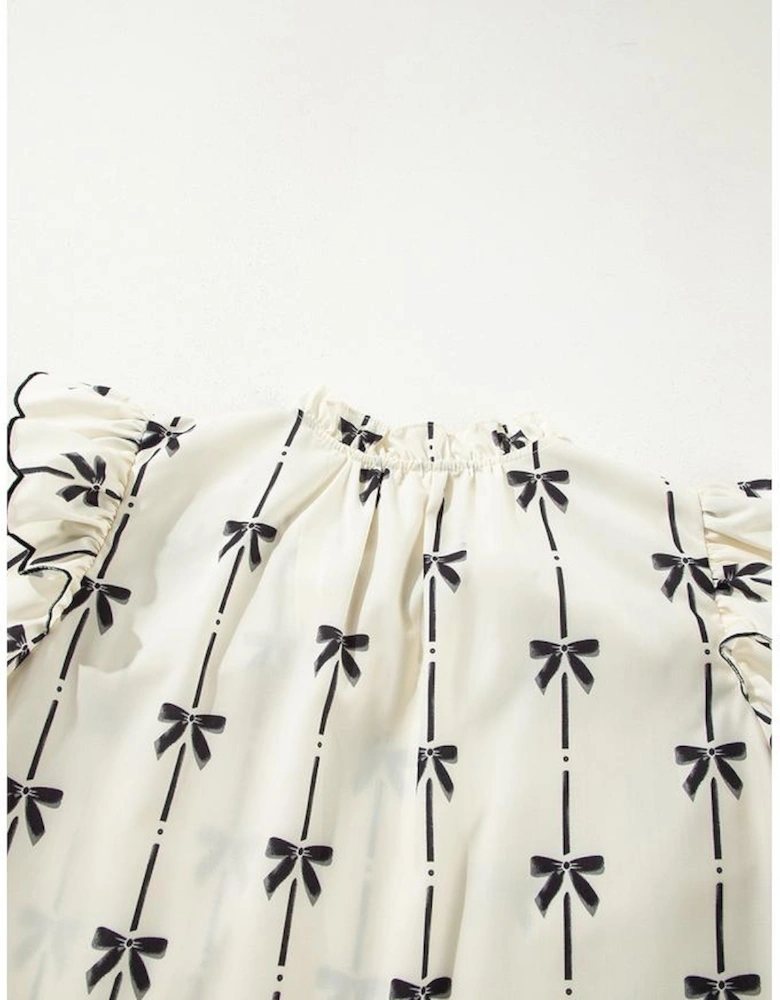 Beige Bow Printed Ruffled Bubble Sleeve Tied Notched V Neck Blouse