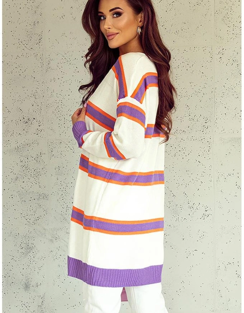 Beige Striped Long Sleeve Ribbed Trim Button Cardigan