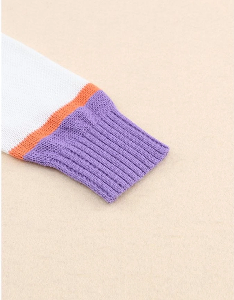 Beige Striped Long Sleeve Ribbed Trim Button Cardigan