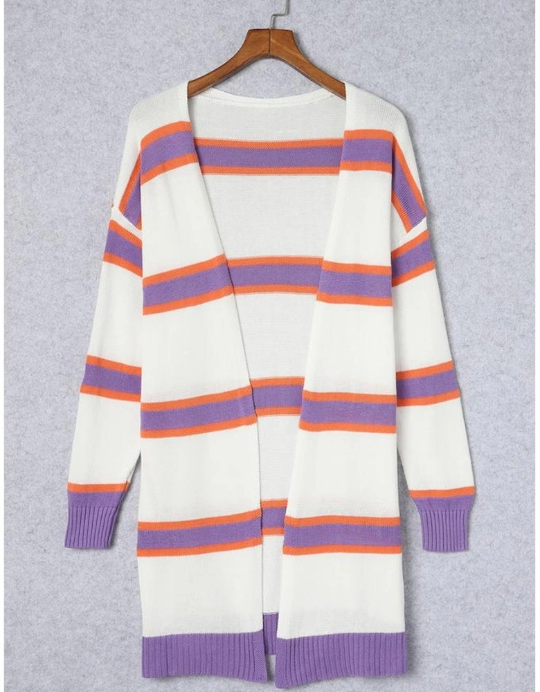 Beige Striped Long Sleeve Ribbed Trim Button Cardigan