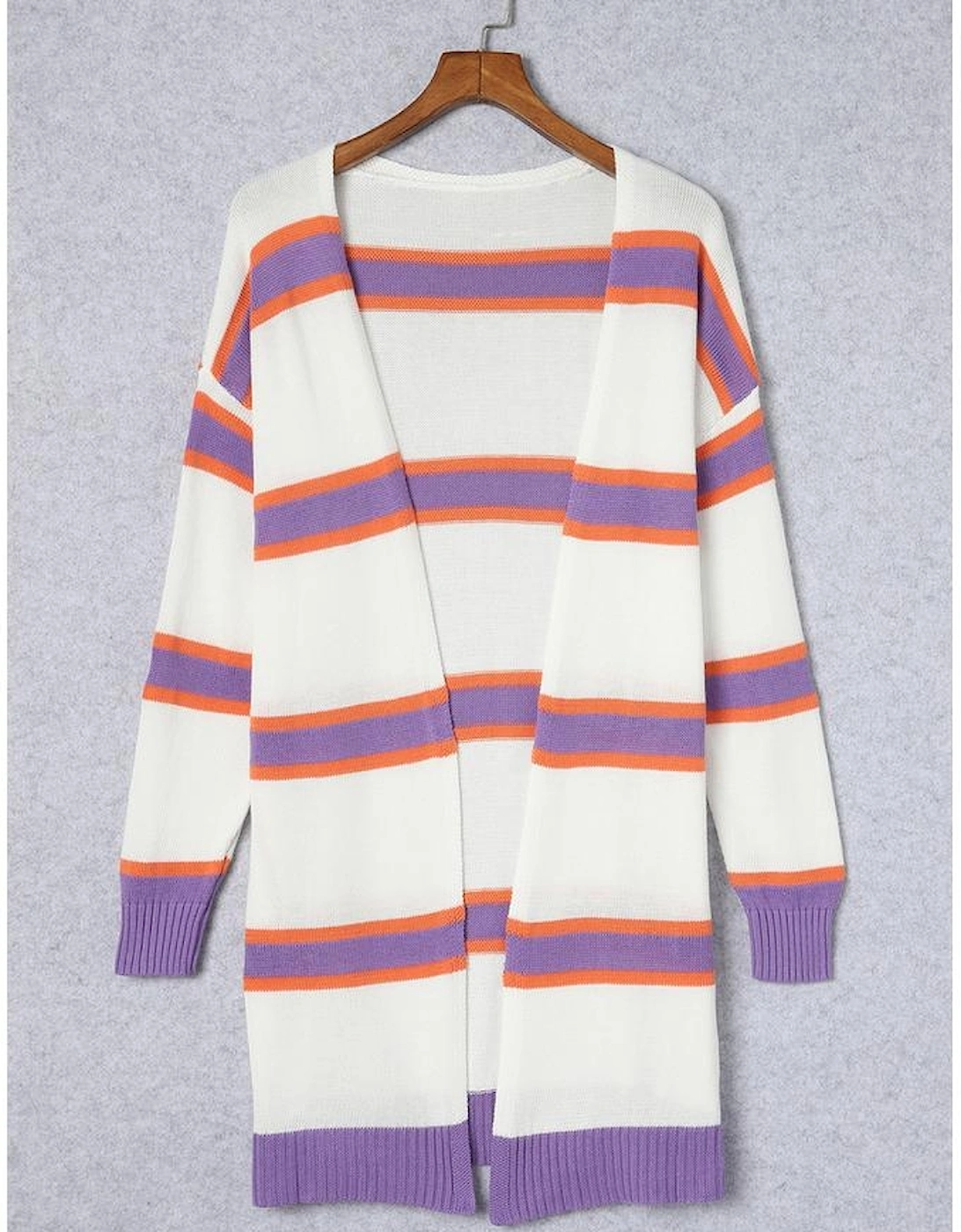Beige Striped Long Sleeve Ribbed Trim Button Cardigan