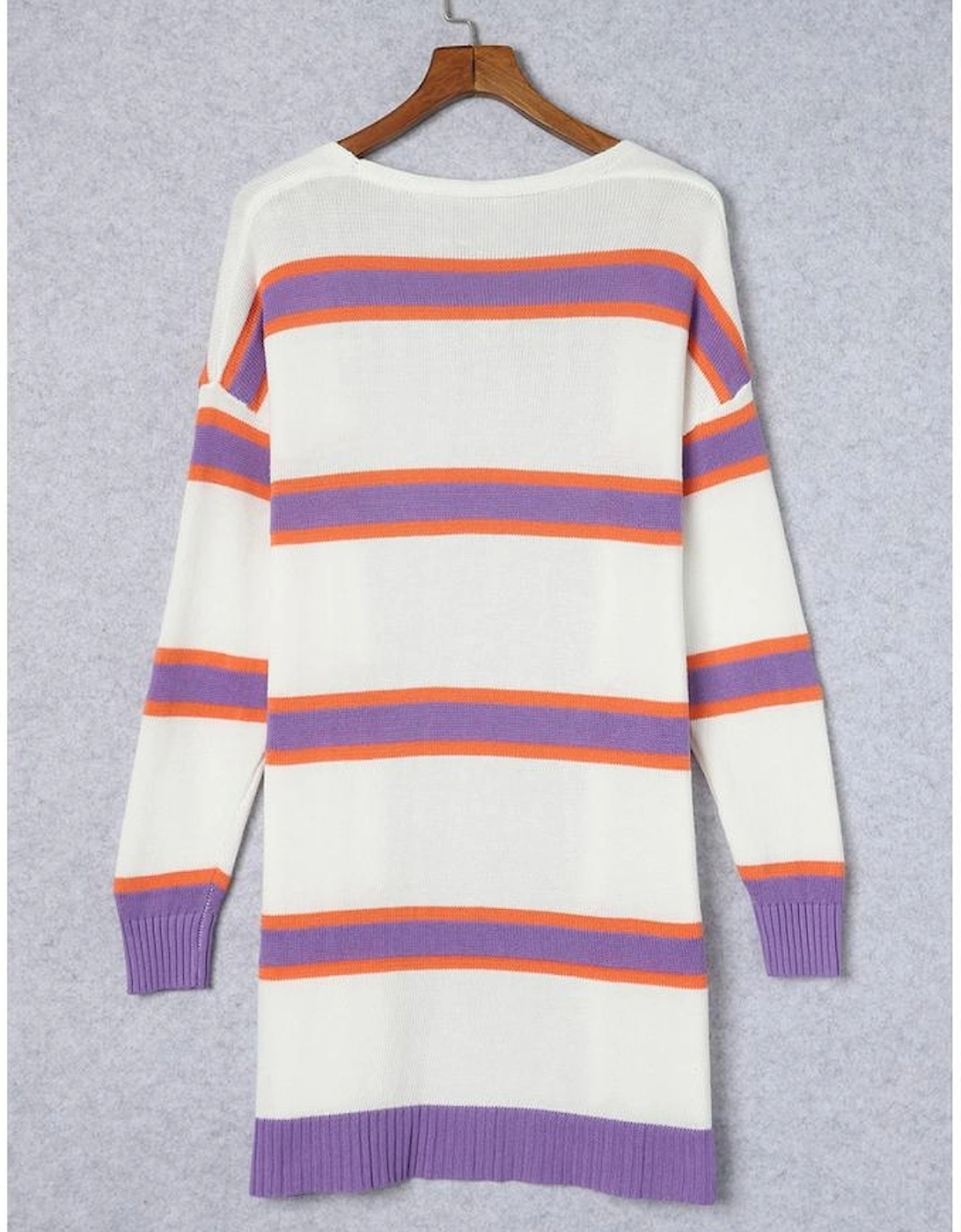 Beige Striped Long Sleeve Ribbed Trim Button Cardigan