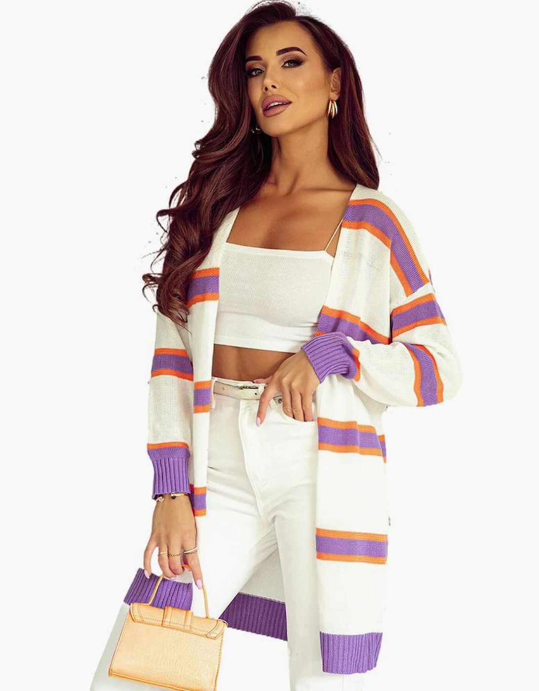 Beige Striped Long Sleeve Ribbed Trim Button Cardigan