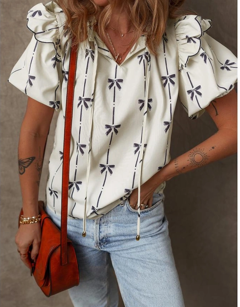 Beige Bow Printed Ruffled Bubble Sleeve Tied Notched V Neck Blouse