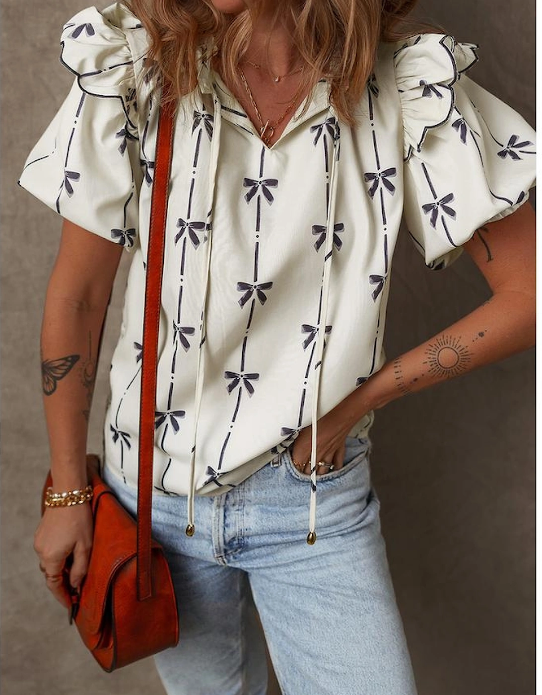 Beige Bow Printed Ruffled Bubble Sleeve Tied Notched V Neck Blouse