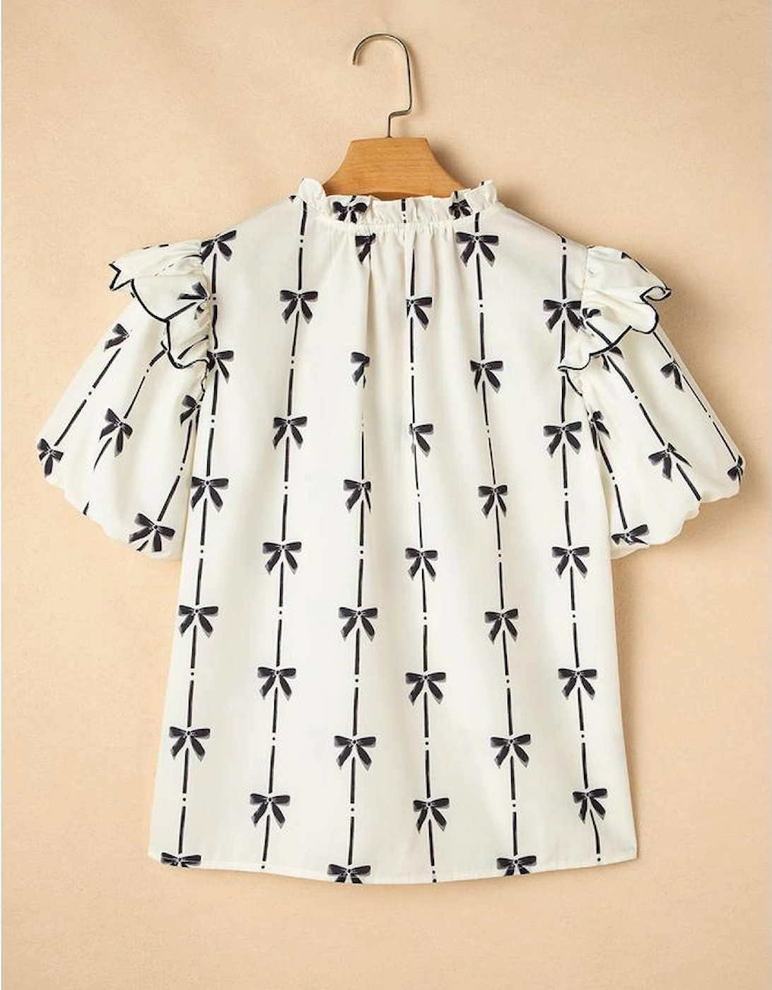 Beige Bow Printed Ruffled Bubble Sleeve Tied Notched V Neck Blouse