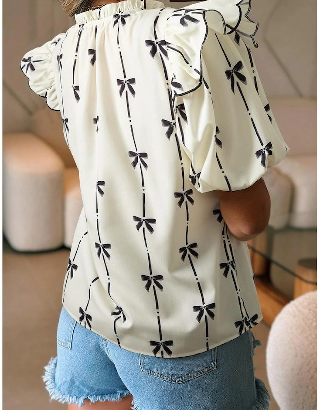 Beige Bow Printed Ruffled Bubble Sleeve Tied Notched V Neck Blouse