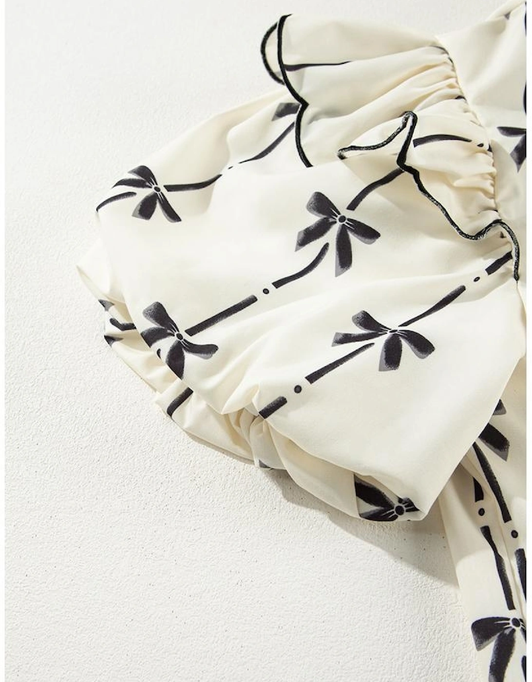 Beige Bow Printed Ruffled Bubble Sleeve Tied Notched V Neck Blouse