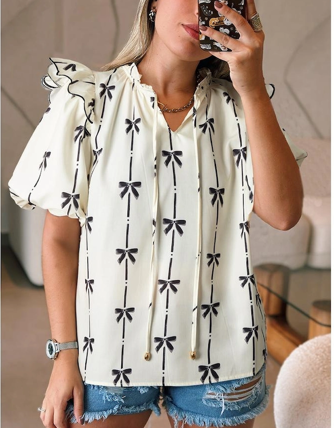 Beige Bow Printed Ruffled Bubble Sleeve Tied Notched V Neck Blouse