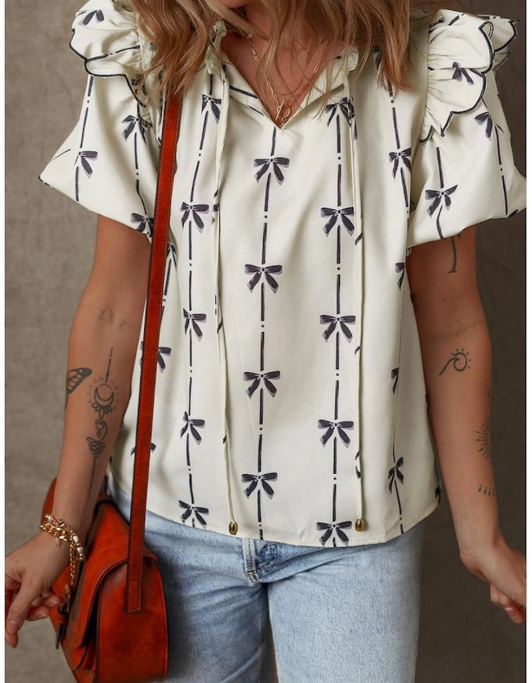 Beige Bow Printed Ruffled Bubble Sleeve Tied Notched V Neck Blouse