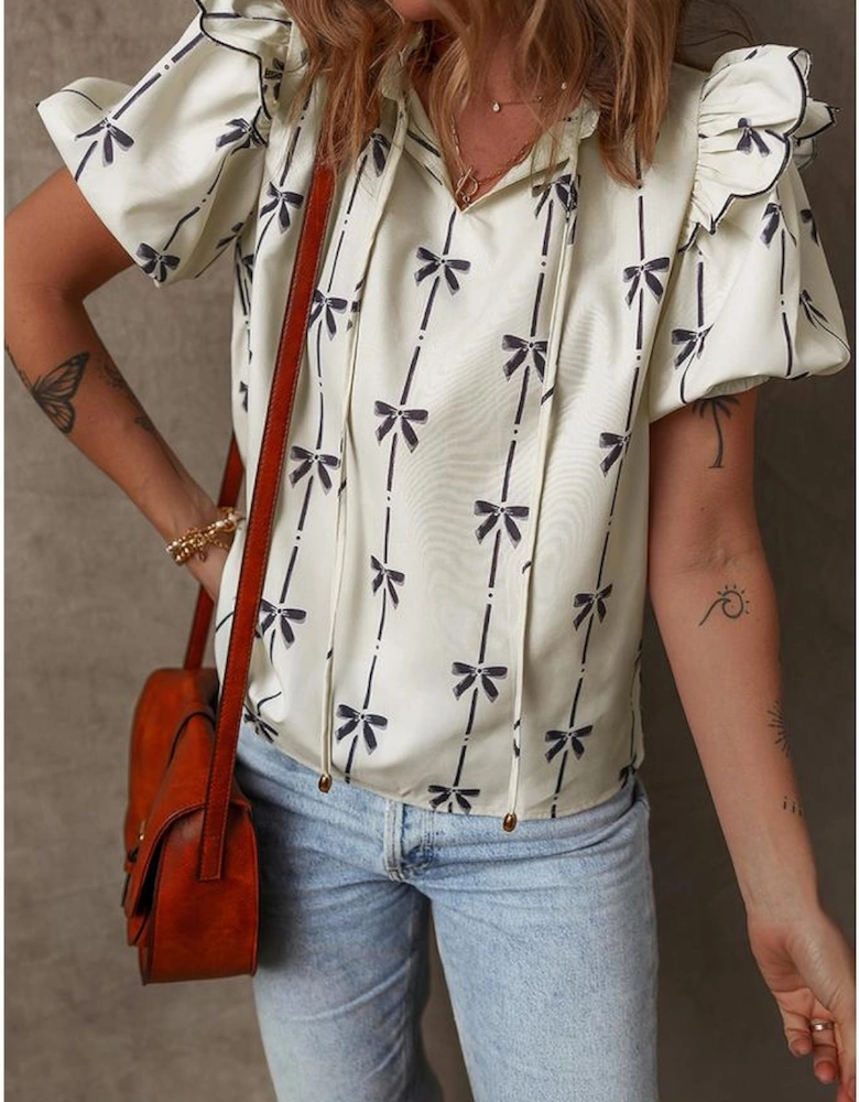 Beige Bow Printed Ruffled Bubble Sleeve Tied Notched V Neck Blouse
