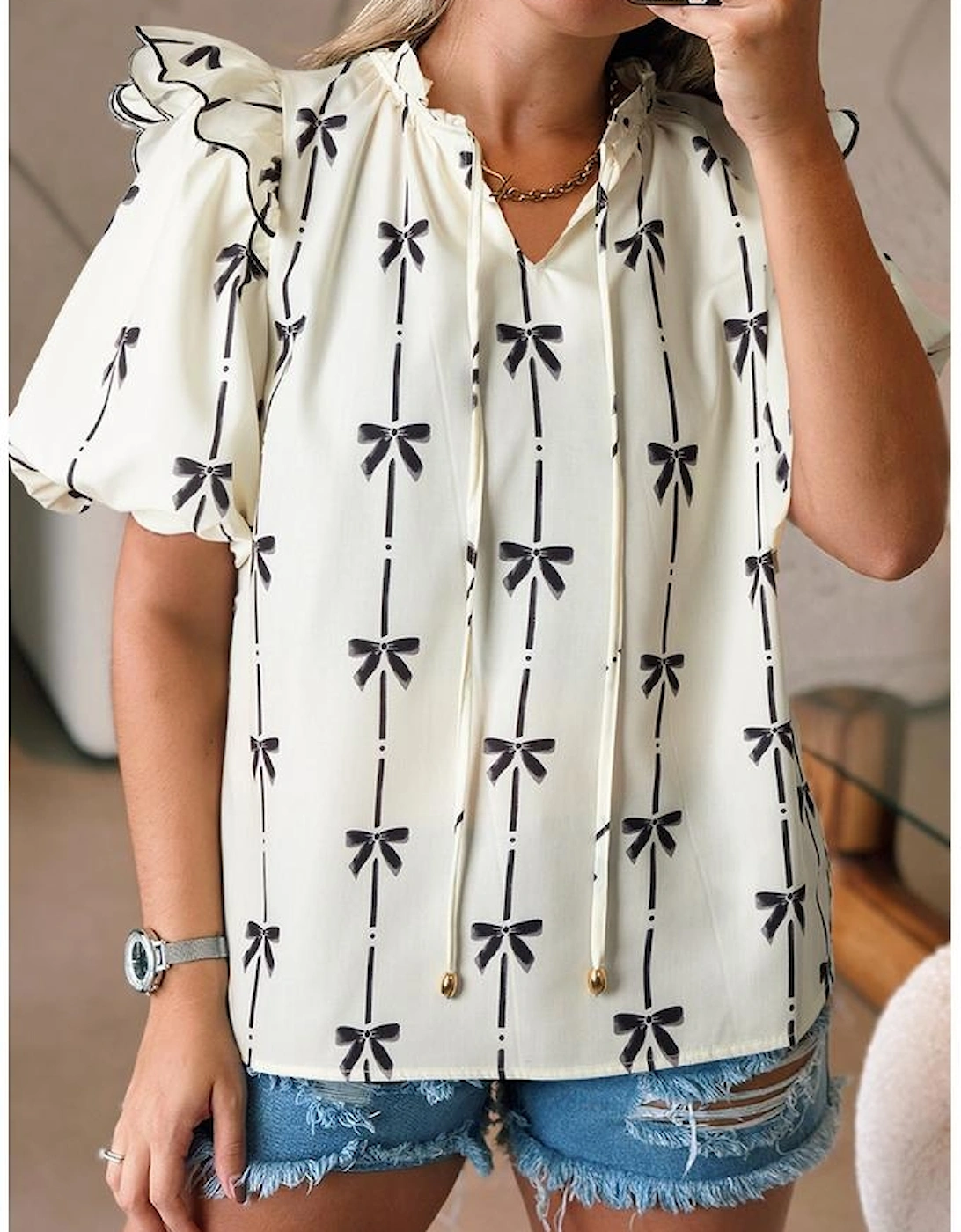 Beige Bow Printed Ruffled Bubble Sleeve Tied Notched V Neck Blouse