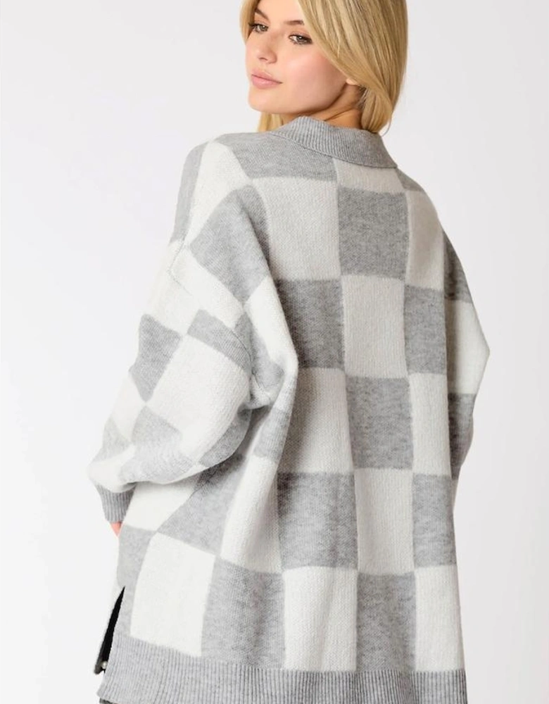 Gray Plus Size Checkered Pattern Button Polo Collar Split Sweater
