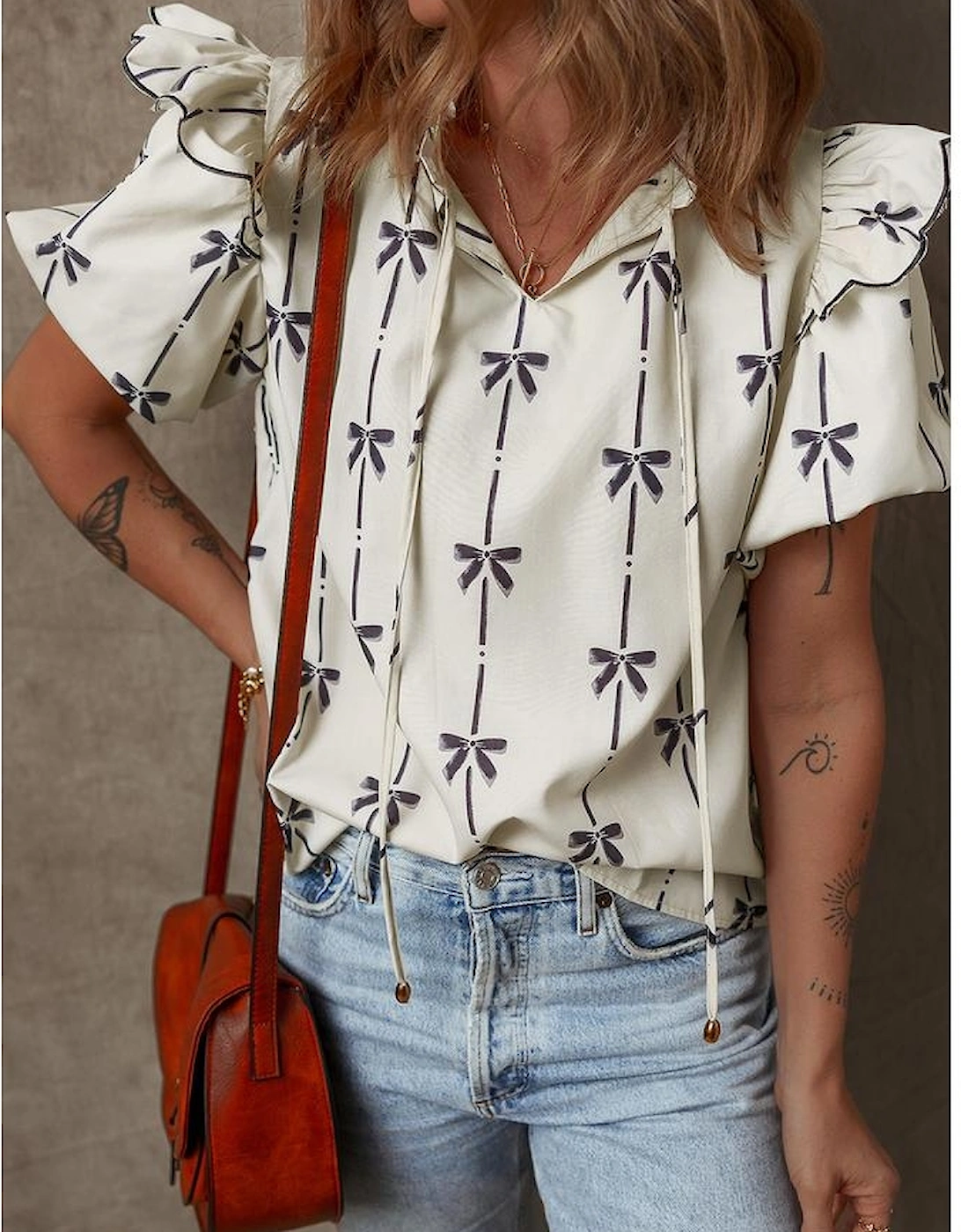 Beige Bow Printed Ruffled Bubble Sleeve Tied Notched V Neck Blouse