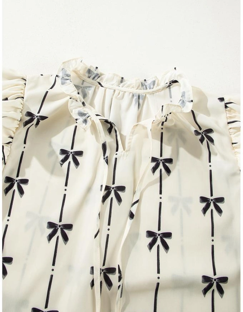 Beige Bow Printed Ruffled Bubble Sleeve Tied Notched V Neck Blouse