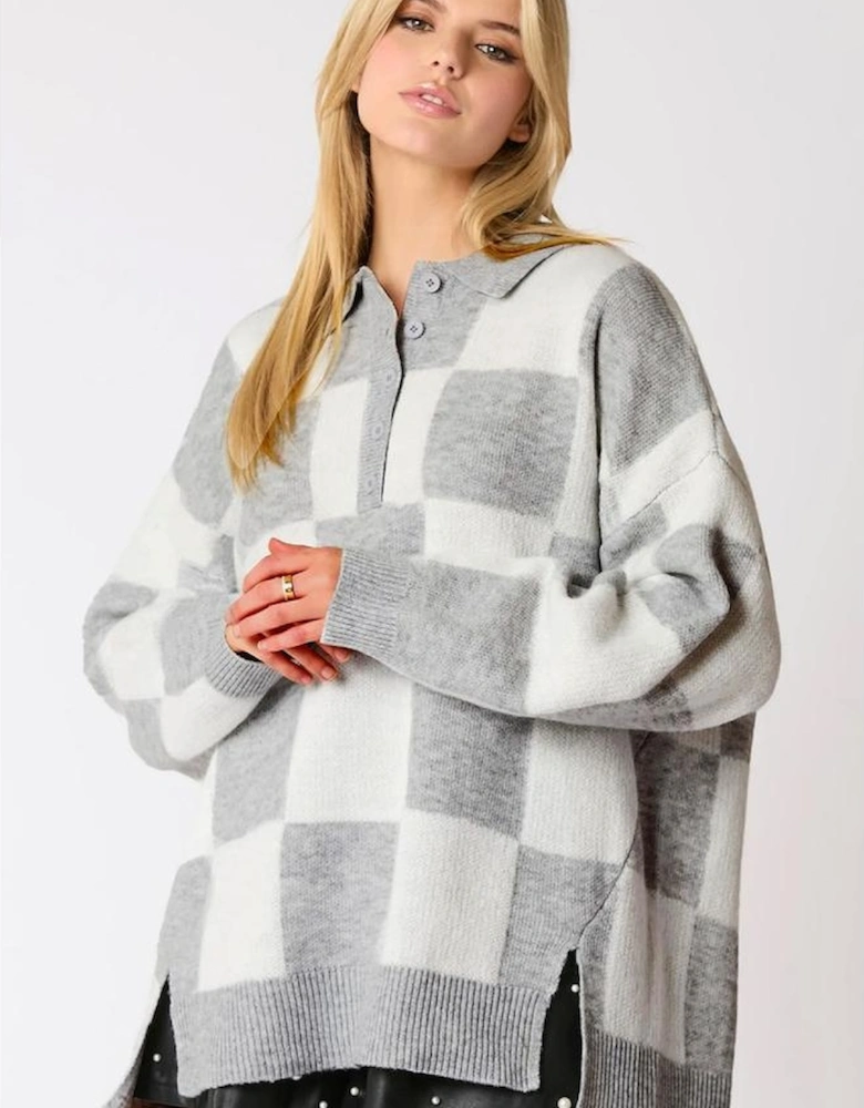 Gray Plus Size Checkered Pattern Button Polo Collar Split Sweater