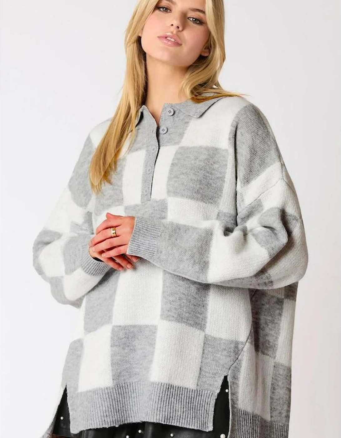 Gray Plus Size Checkered Pattern Button Polo Collar Split Sweater