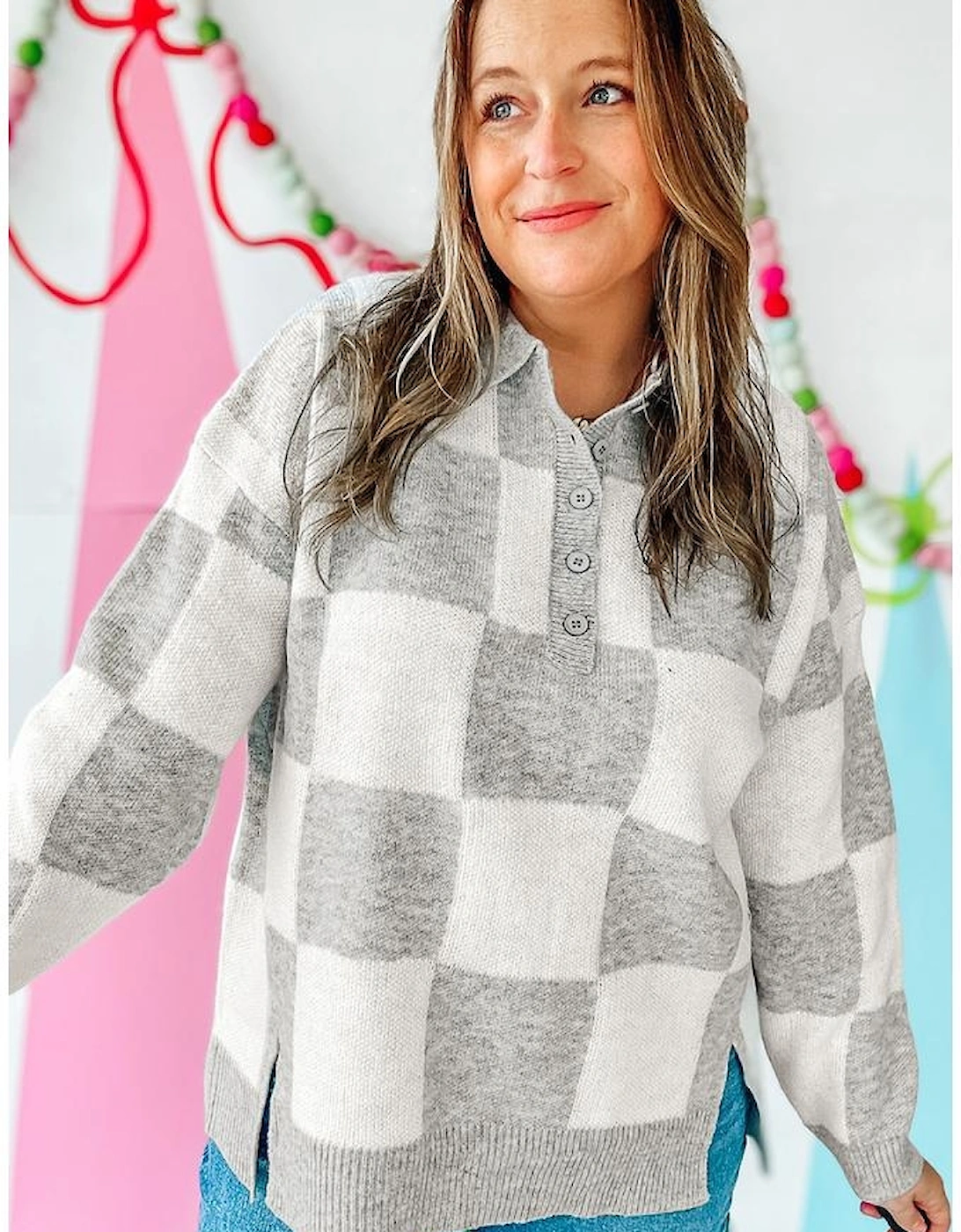 Gray Plus Size Checkered Pattern Button Polo Collar Split Sweater