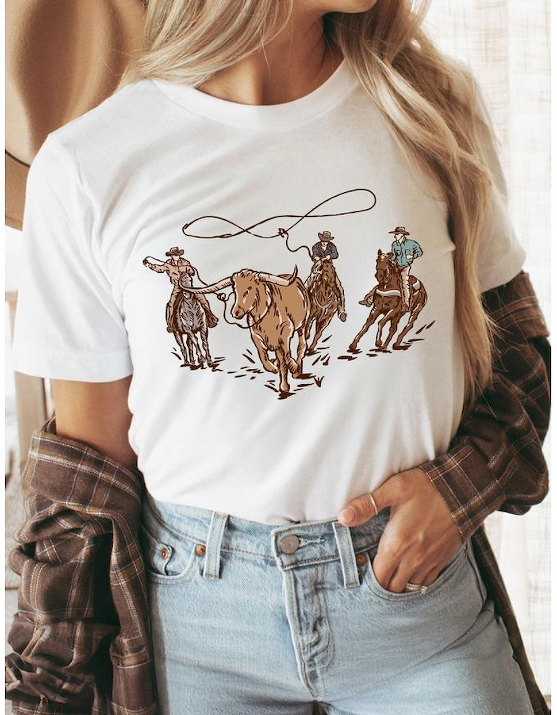 White Retro Cowboy Roping Cotton Blend Graphic Tee, 7 of 6