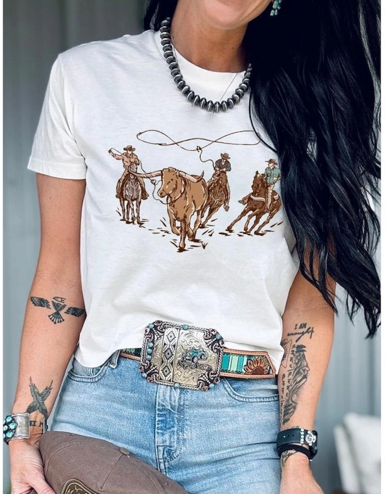 White Retro Cowboy Roping Cotton Blend Graphic Tee
