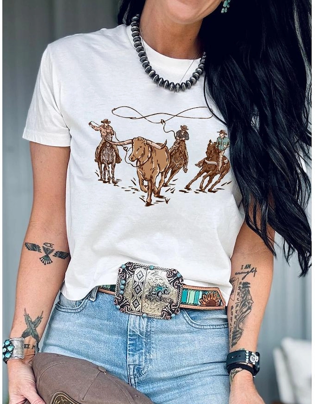 White Retro Cowboy Roping Cotton Blend Graphic Tee