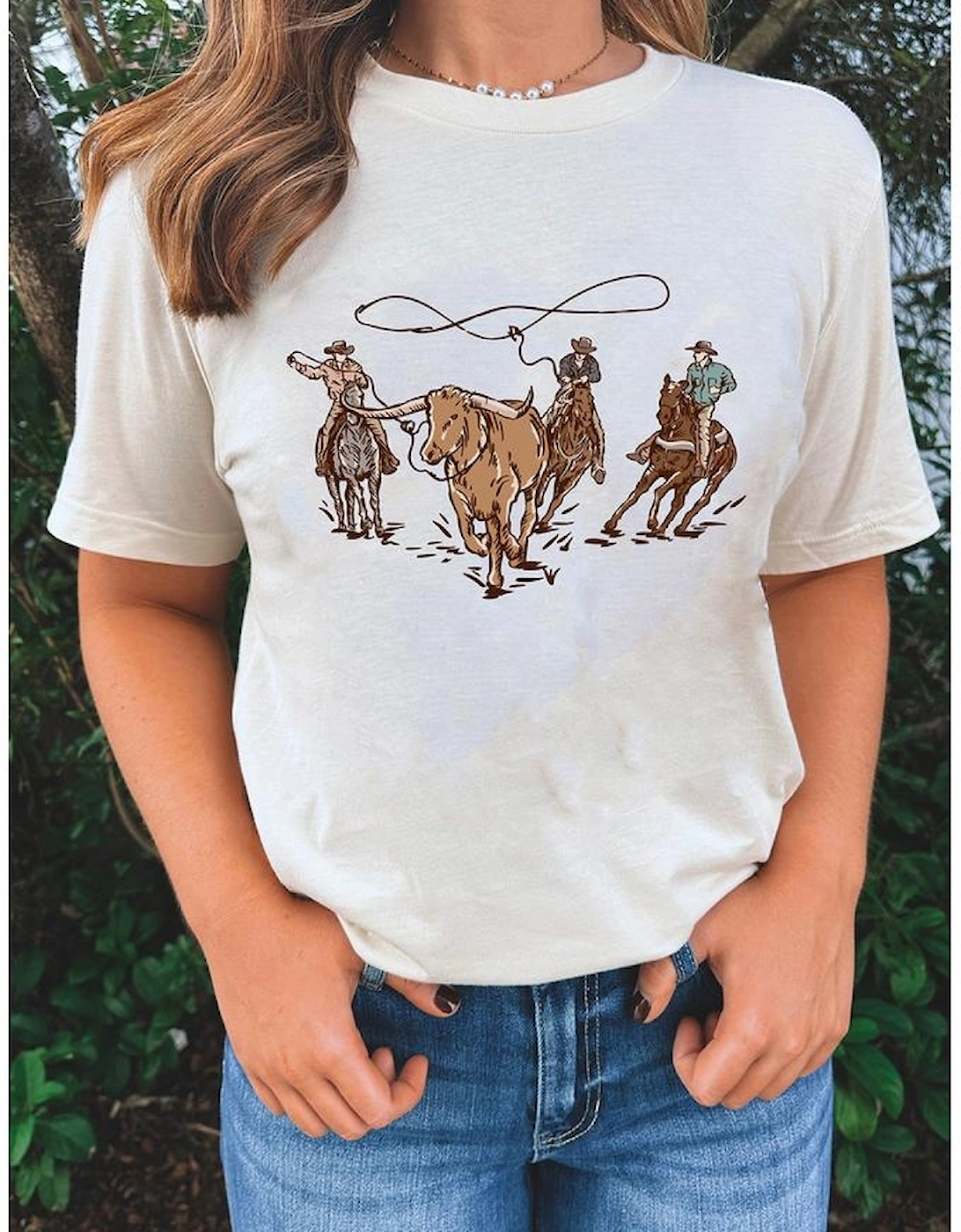 White Retro Cowboy Roping Cotton Blend Graphic Tee