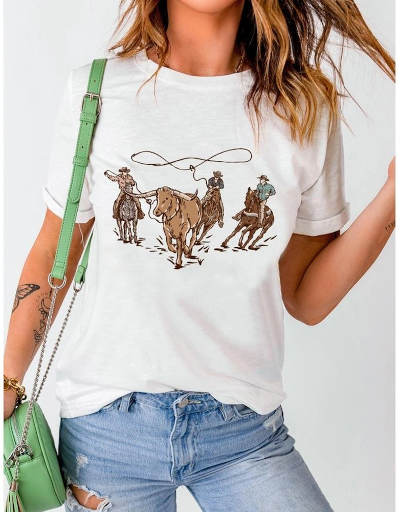 White Retro Cowboy Roping Cotton Blend Graphic Tee
