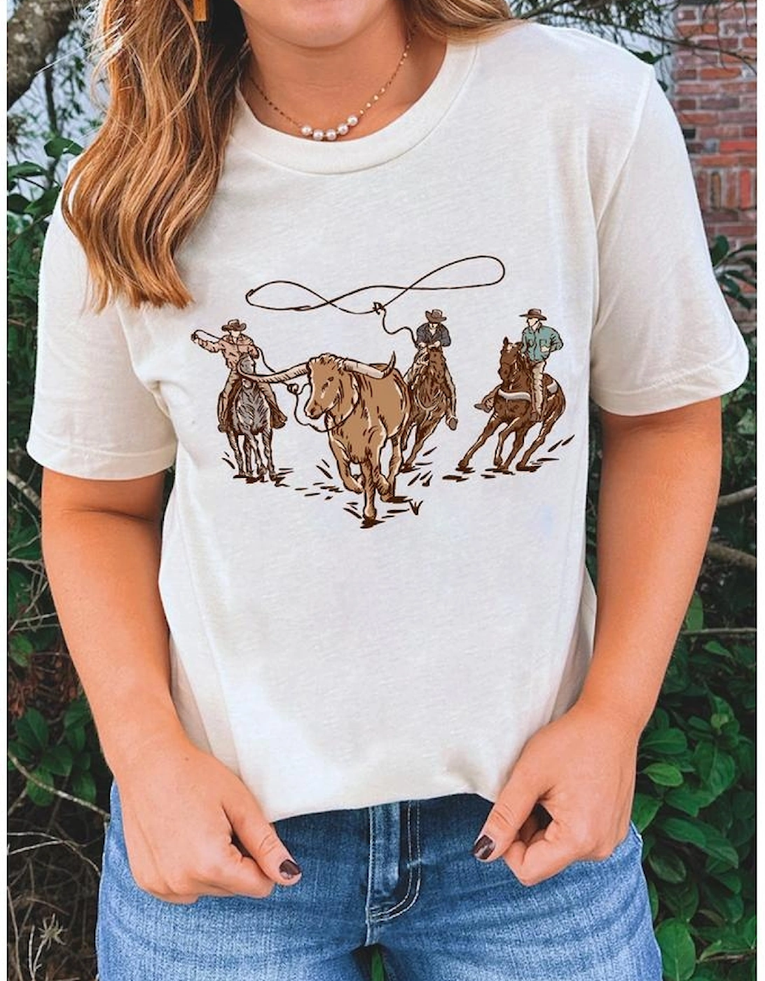 White Retro Cowboy Roping Cotton Blend Graphic Tee