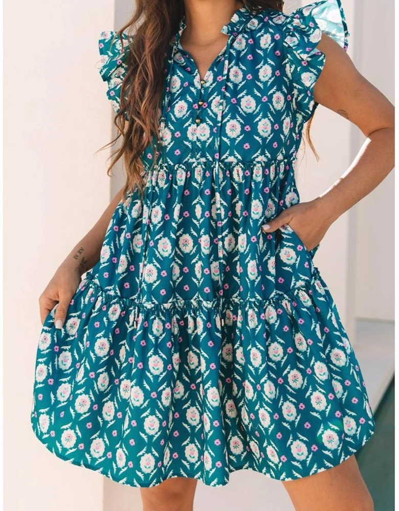 Blue Retro Floral Print Split Neck Ruffle Short Sleeve Dress