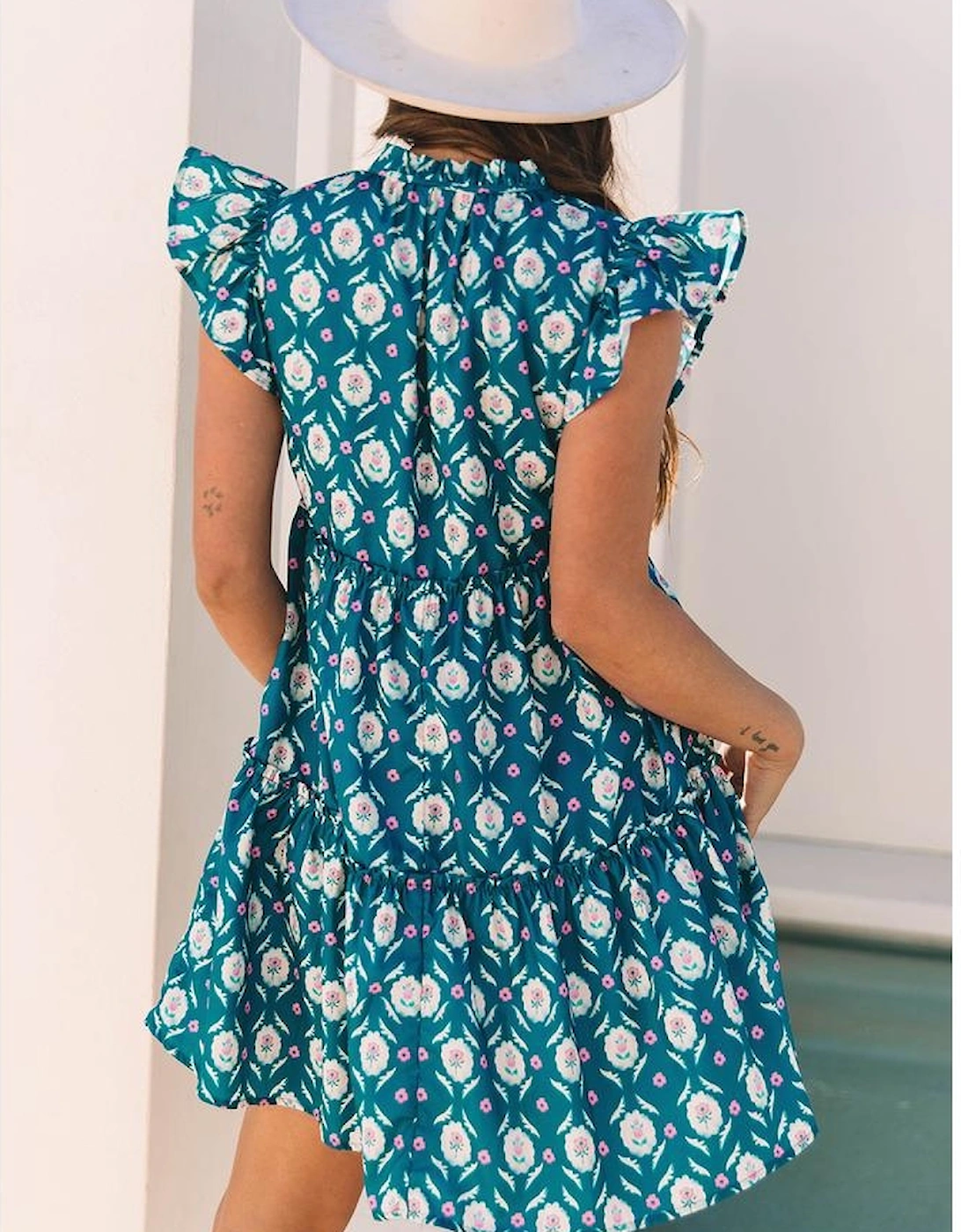 Blue Retro Floral Print Split Neck Ruffle Short Sleeve Dress, 16 of 15