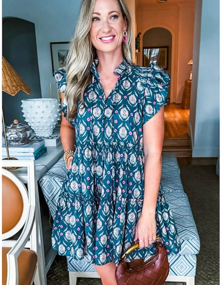 Blue Retro Floral Print Split Neck Ruffle Short Sleeve Dress