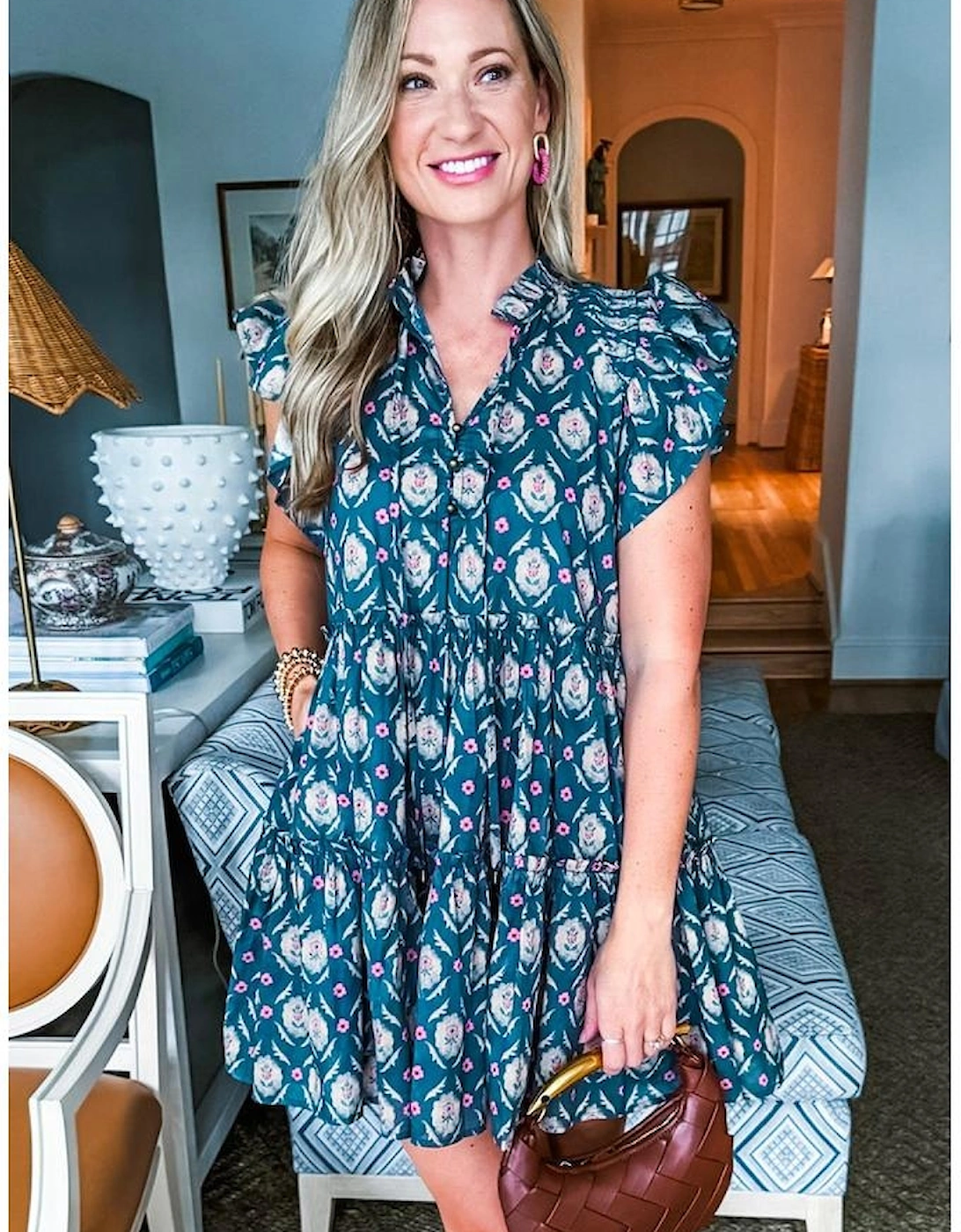 Blue Retro Floral Print Split Neck Ruffle Short Sleeve Dress