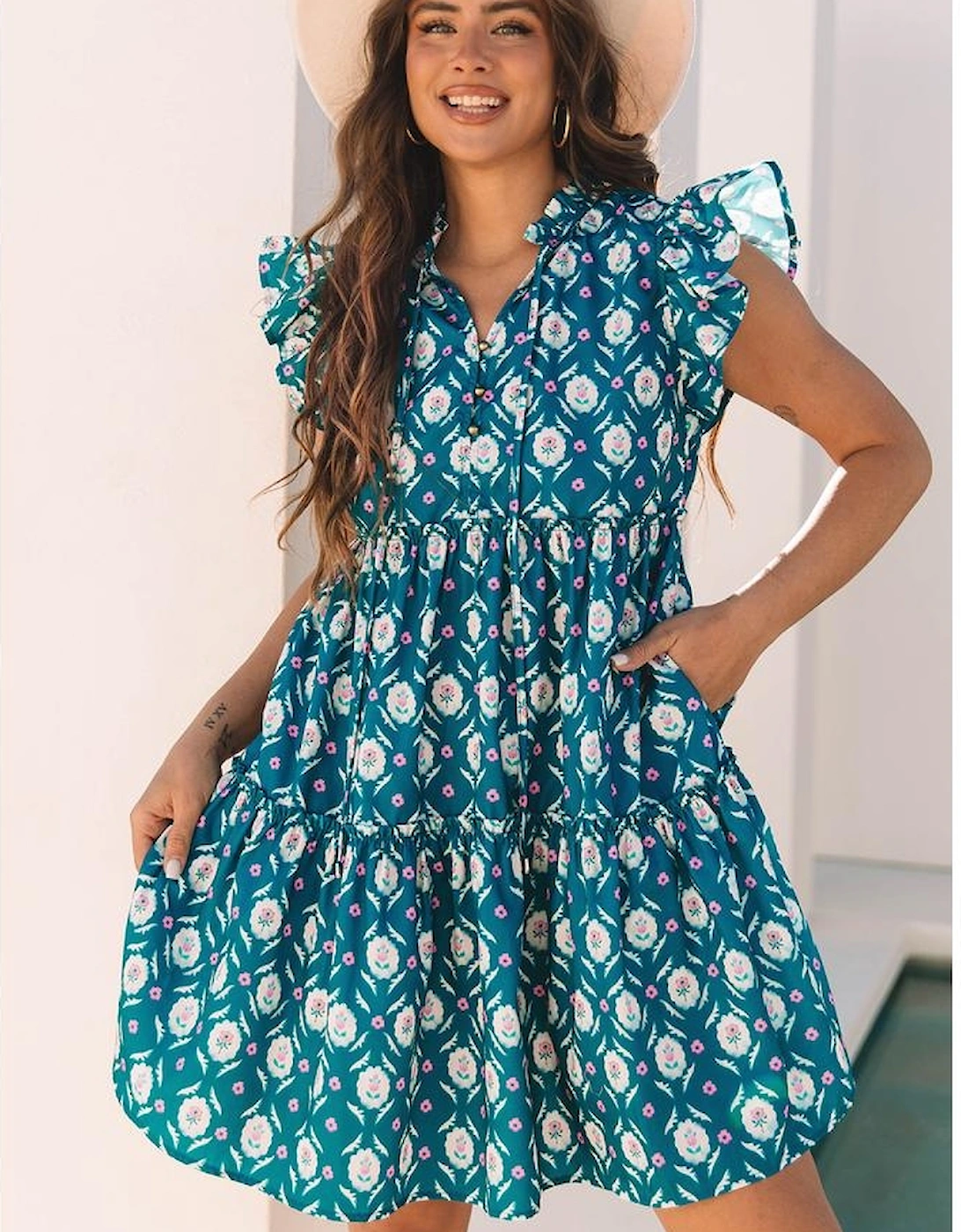 Blue Retro Floral Print Split Neck Ruffle Short Sleeve Dress