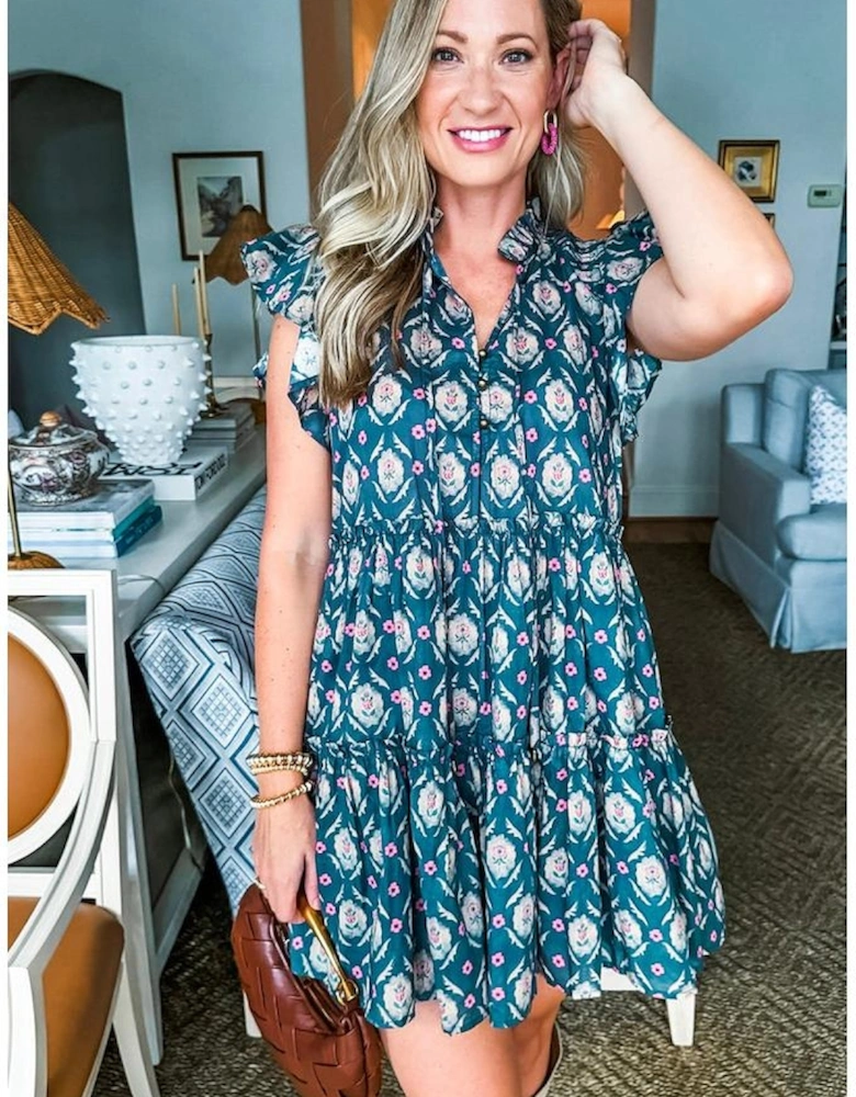 Blue Retro Floral Print Split Neck Ruffle Short Sleeve Dress