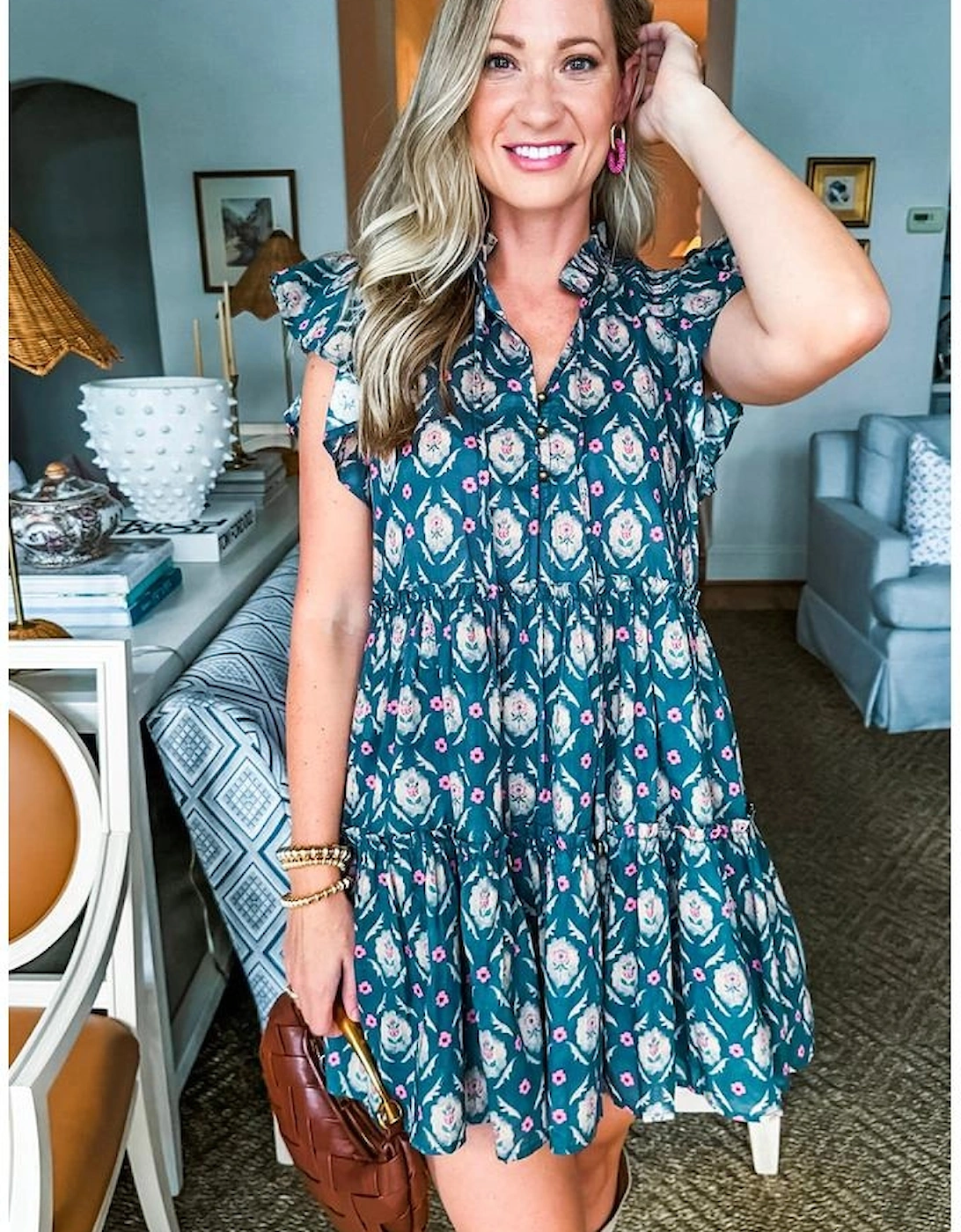 Blue Retro Floral Print Split Neck Ruffle Short Sleeve Dress