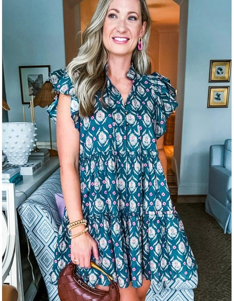 Blue Retro Floral Print Split Neck Ruffle Short Sleeve Dress