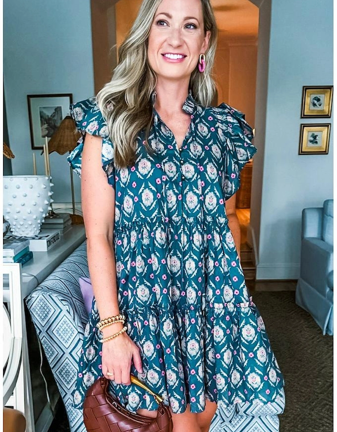 Blue Retro Floral Print Split Neck Ruffle Short Sleeve Dress