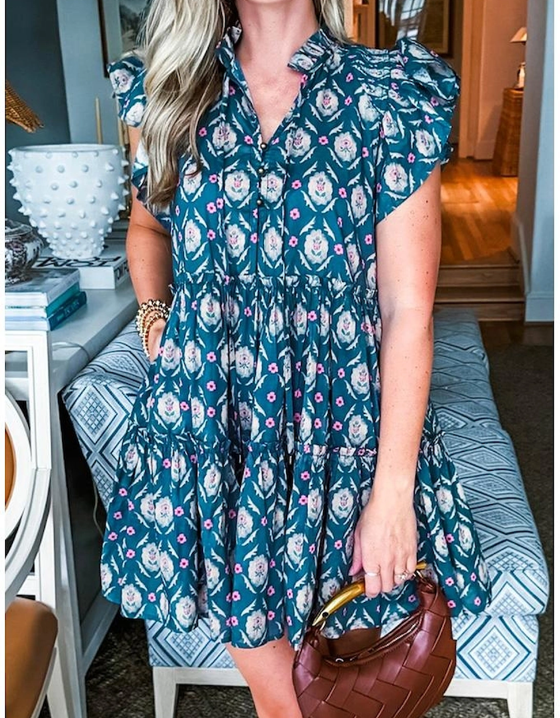 Blue Retro Floral Print Split Neck Ruffle Short Sleeve Dress