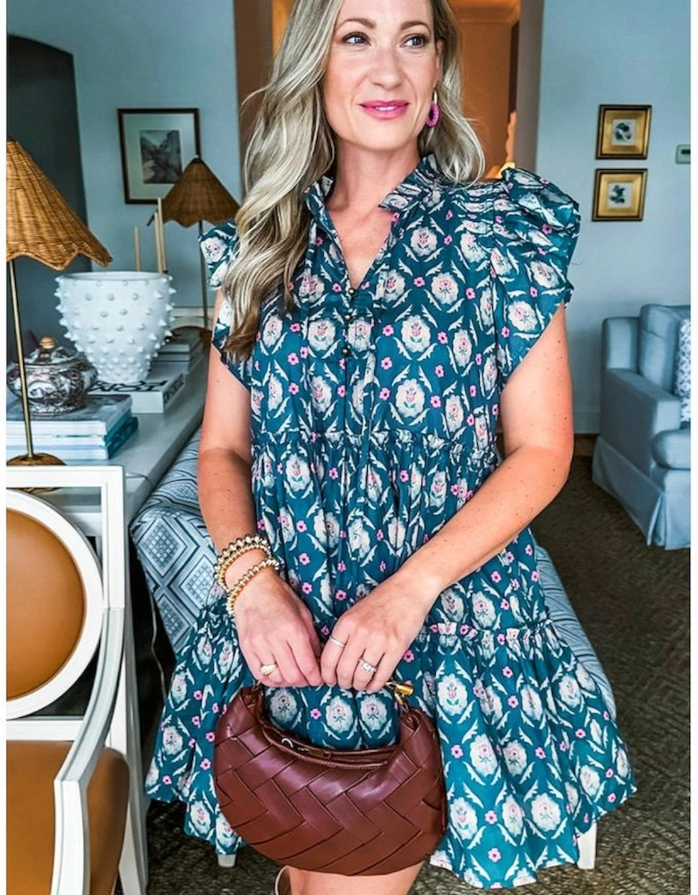 Blue Retro Floral Print Split Neck Ruffle Short Sleeve Dress