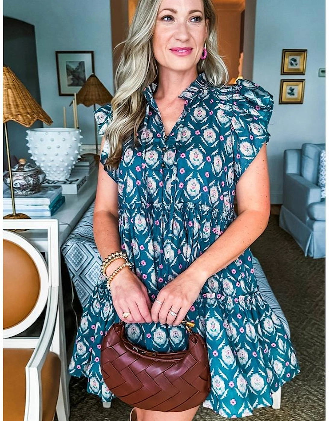 Blue Retro Floral Print Split Neck Ruffle Short Sleeve Dress