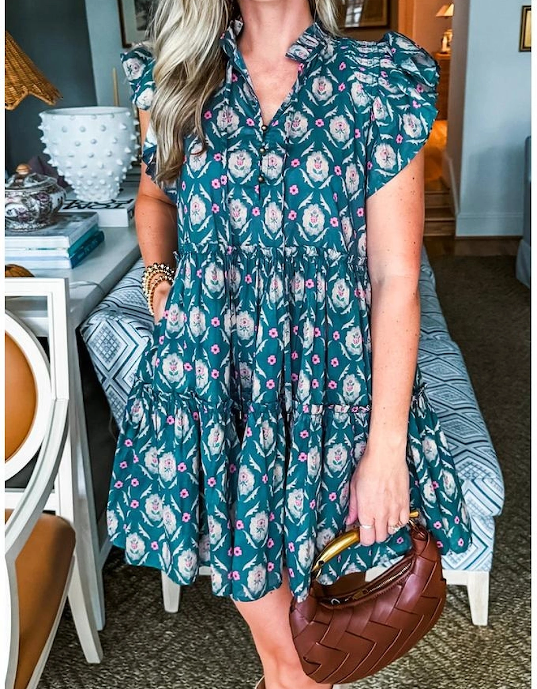 Blue Retro Floral Print Split Neck Ruffle Short Sleeve Dress