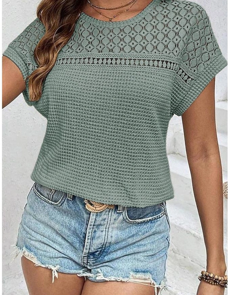 Mist Green Lace Patchwork Waffle Short Sleeve Top